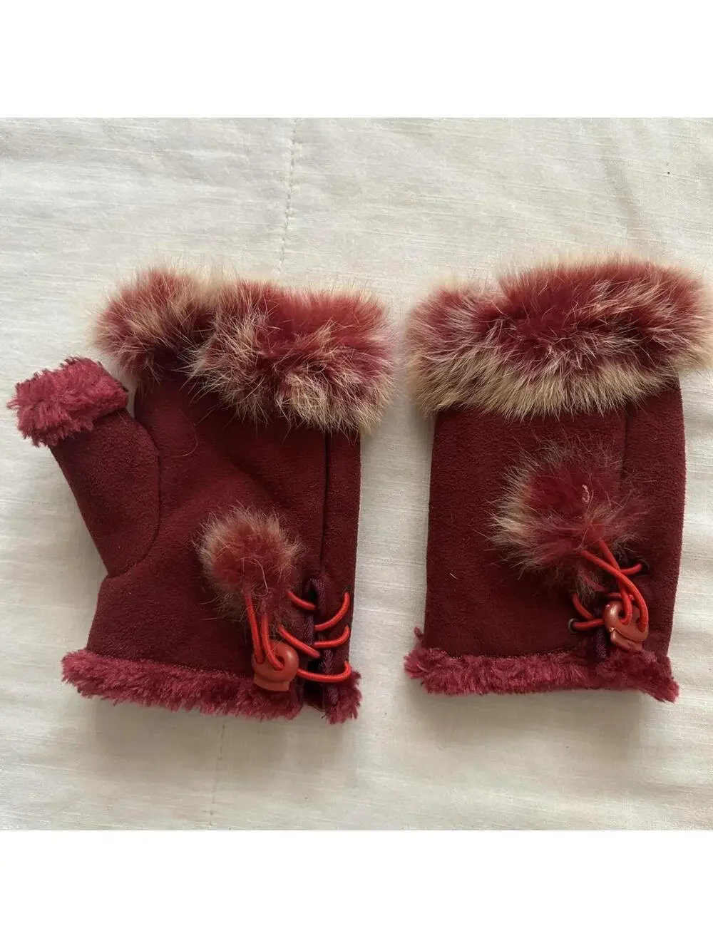 Vintage Burgundy Faux Suede Fur Trim Mittens Winter Coquette Holiday
